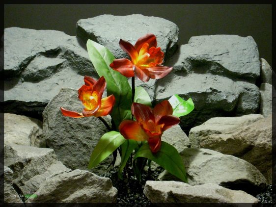 Artificial Red Orchid with leaves - Artificial Reptile Plant - srp327