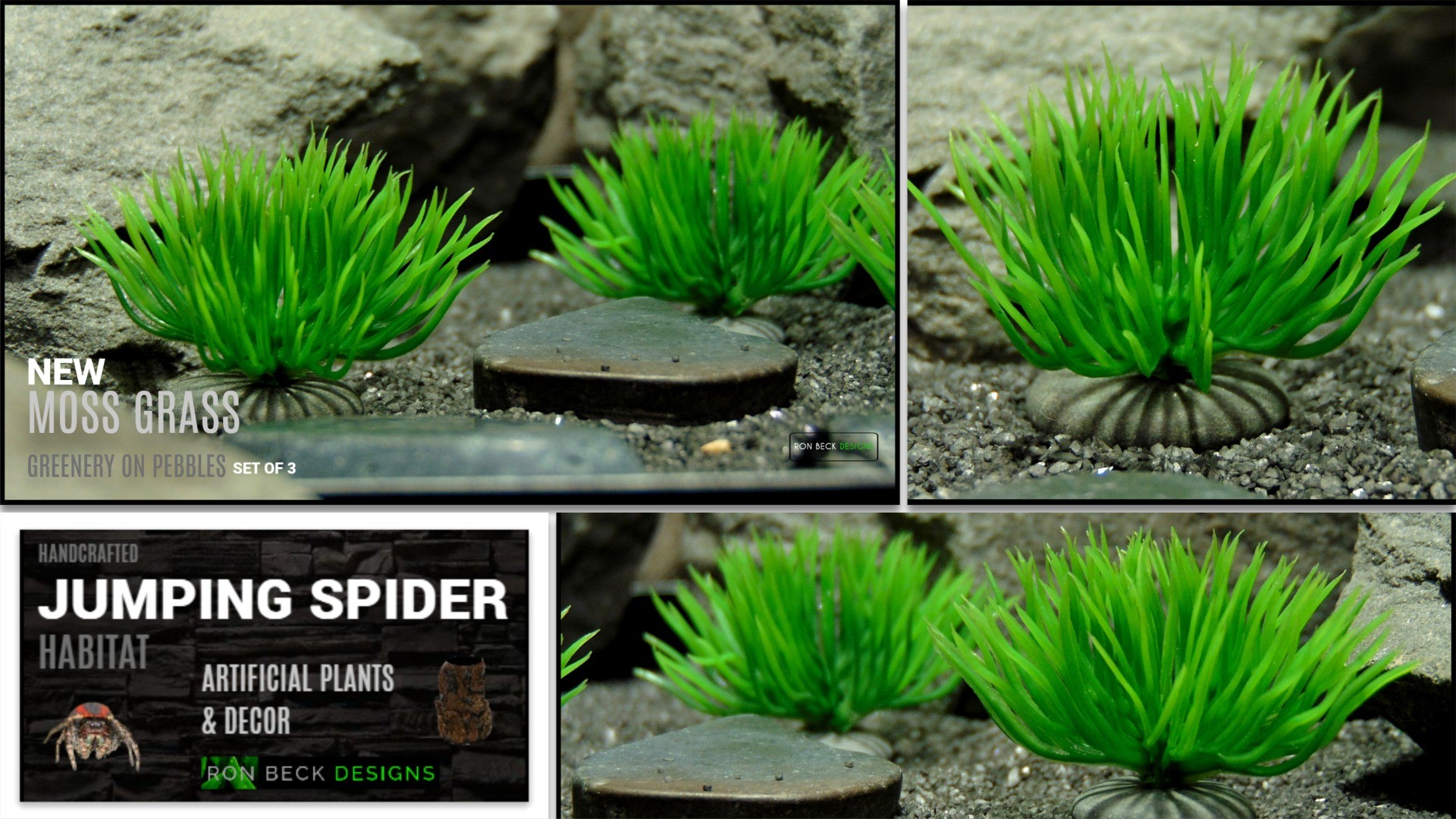 Artificial Moss Grass on Pebbles - Set of 3 - Jumping Spider grid