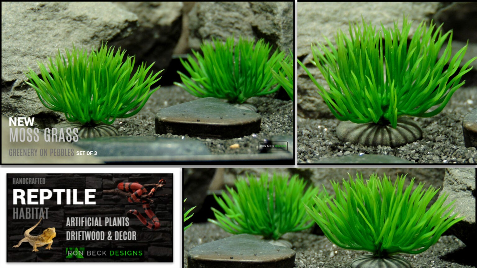 Artificial Moss Grass on Pebbles - Set of 3 - Reptile grid