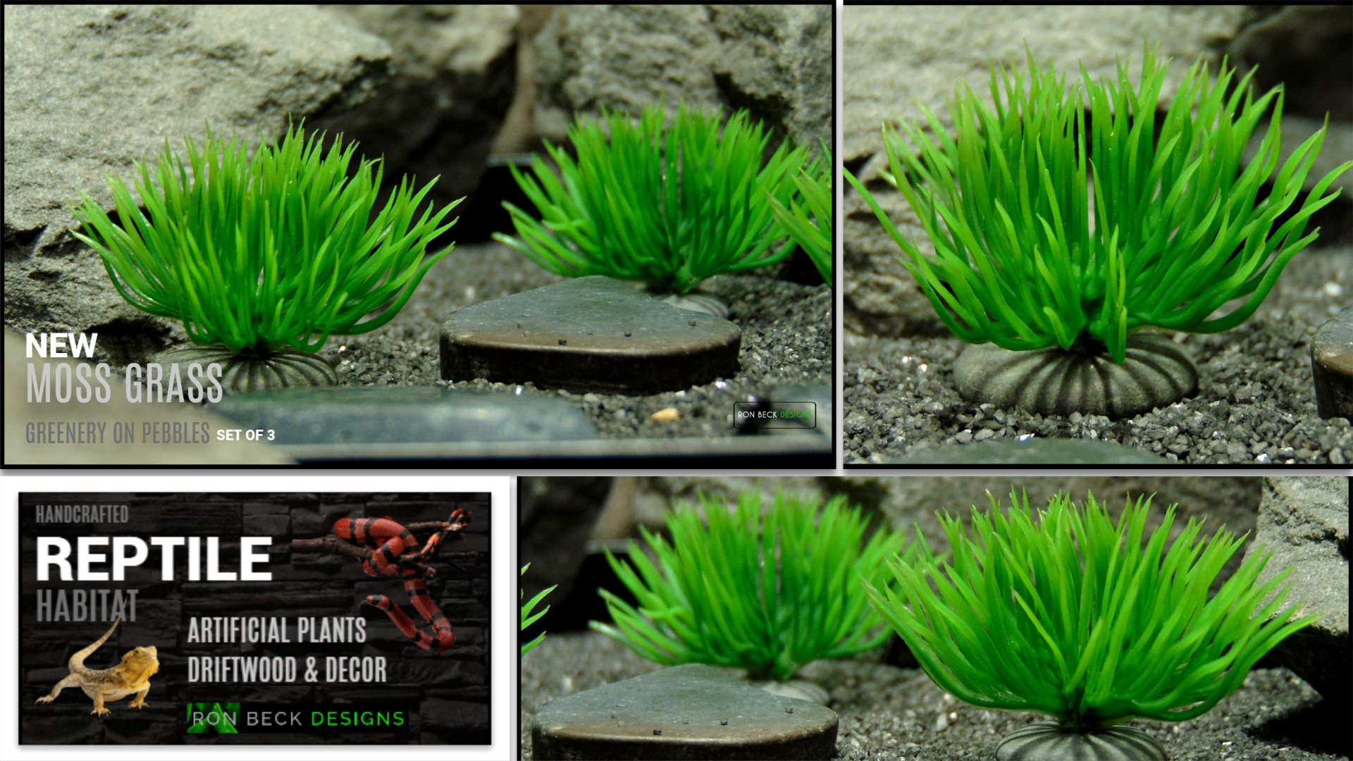 Artificial Moss Grass on Pebbles - Set of 3 - Reptile grid