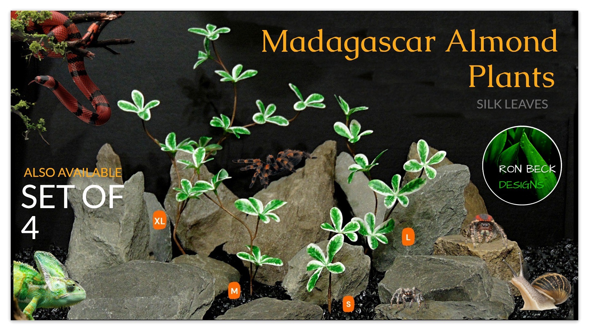 Artificial Madagascar Almond Plant Reptile Enclosure Decor | LG 5 Artificial-Silk-Madagascar-Almond-Plant-Ron-Beck-Designs-also available Set-of-4