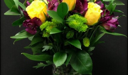 Fresh flowers Floral Arrangement - Yellow Roses - Purple Alstroemeria - ron beck designs