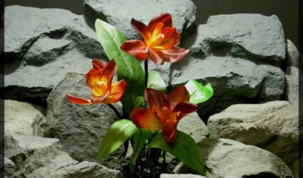 Design Portfolio Reptile Plants & Succulents 144 Artificial Red Orchid with leaves - Artificial Reptile Plant - srp327